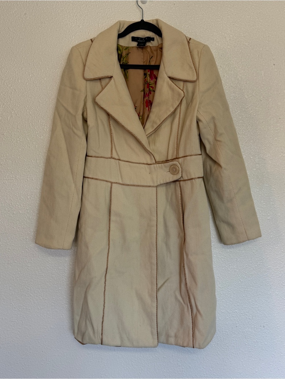 Arden B Large Beige Trench Coat Wool Blend Contrast Piping Mauve Floral Lining